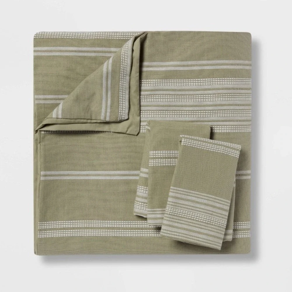 Threshold Duvet Cover Set King Moss Green Cotton Woven Stripe 3pc NWT